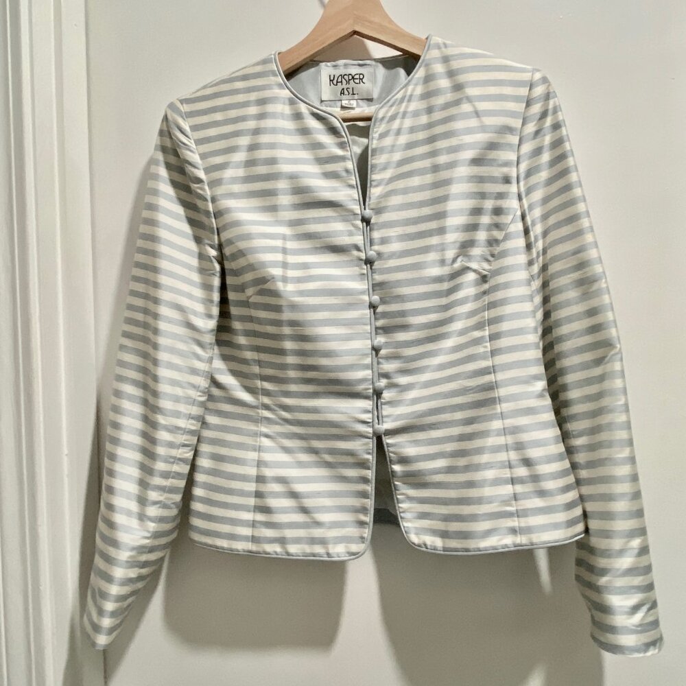 (4)  Vintage Kasper Work Office Minimalist Silk Fitted Lined Striped Blazer 6